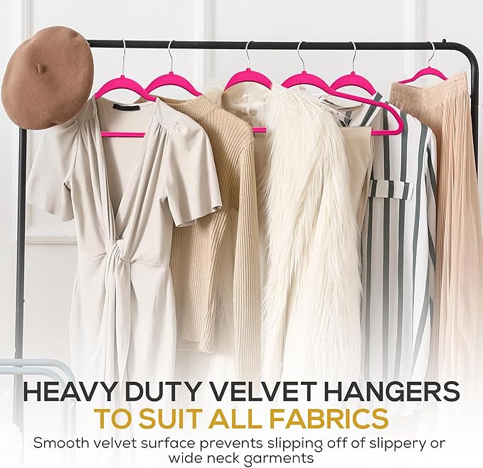 Premium Velvet Hangers 50 Pack Ultra Thin Non Slip Adult Felt Space Saving Suit Hanger for Closet Heavy Duty Coat Pants Jackets Dress Hangers 360° Swivel Hook Hold Upto 10 lbs Dark Pink