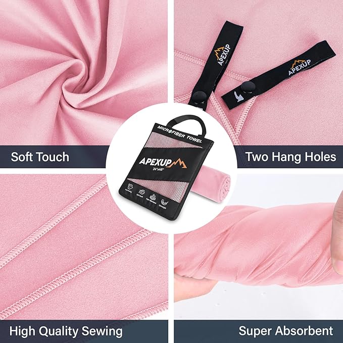 APEXUP Microfiber Travel Towel, Ultra Absorbent Quick Dry Towels, Lightweight Gym Sports Camping Towel for Workout, Yoga, Beach, Shower, Swimming (48"×24", Pale Rose)