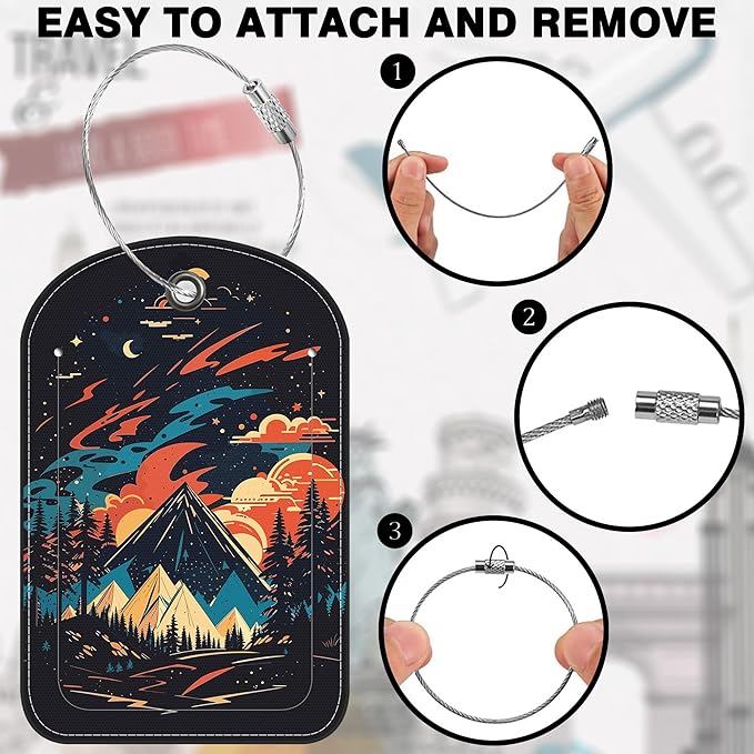 2 PCS Leather Luggage Tags for Suitcase Colorful Bright Mountain Travel Luggage Tag with Privacy Flap Name ID Label and Metal Loop for Travel Bag Suitcase