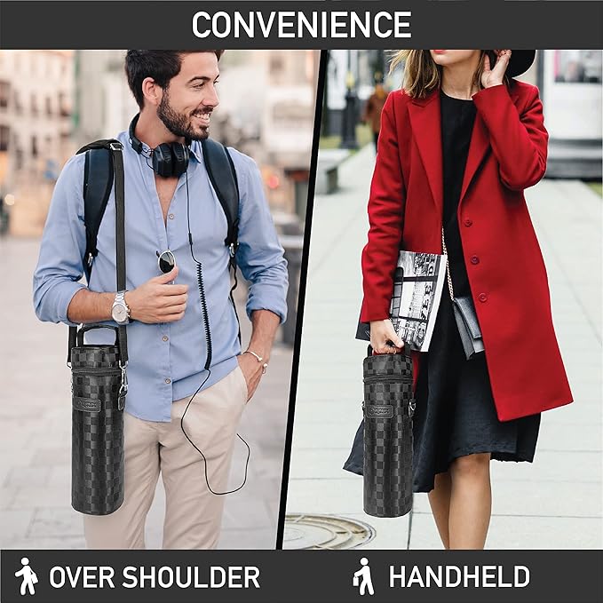 opux Wine Bag Single Bottle Carrier Tote, Insulated Wine Cooler Bag for Travel Picnic Beach with Shoulder Strap, Thermal One Bottle Holder Carrying Case Wine Gift for Women Men, Black Squares