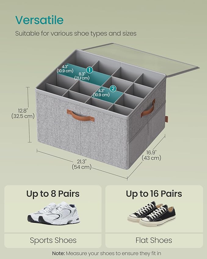 SONGMICS Shoe Organizer for Closet, Shoe Storage Bin, Fits 16 Pairs, Fabric Container with Handles and Clear Cover, Adjustable Dividers, Customizable, Dove Gray ULSP555G01