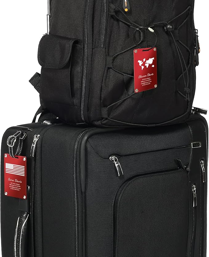 Personalized Luggage Tags: Custom Metal Luggage Tags for Suitcases, Backpacks and Bags with Your Personalized Text (Red)