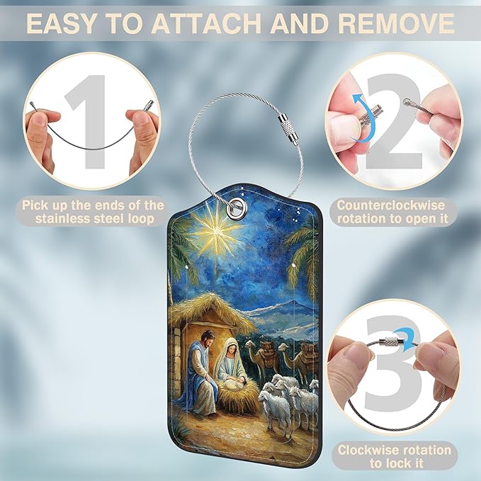 Nativity Scene Set of 2 Luggage Tags for Suitcases Leather Suitcase Tags Identifiers with Privacy Name Address Label and Stainless Steel Loop for Women Men Travel Luggage Accessories