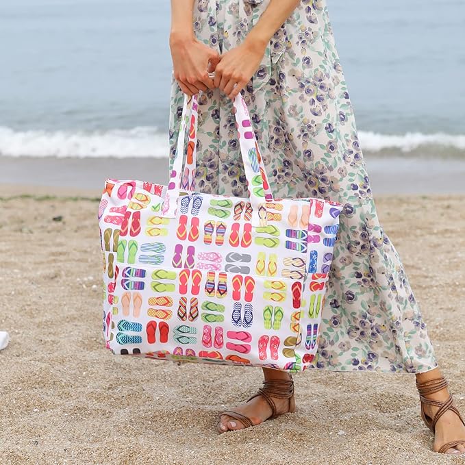 LEDAOU Large Beach Tote Bag Women Waterproof Sandproof Zipper Beach Tote Bag for Pool Gym Grocery Travel with Wet Pocket