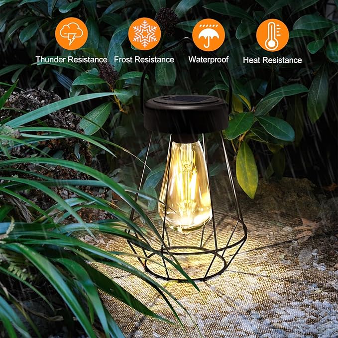 Solar Lanterns Outdoor Lights,Metal Hanging Solar Lights Outdoor Waterproof,Auto On/Off with Edison Bulb Retro Light for Yard Garden Patio Backyard Pathway Decor 2 Pack
