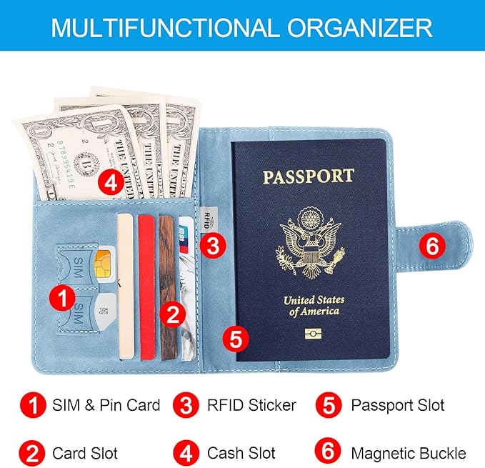 Passport Holders, RFID Blocking Credit Card Holder, PU Leather Vaccine Card Holders for Travel with Magnetic Buckle, Travel Must Haves Cruise Ship Essentials for Men, Women (Blue)