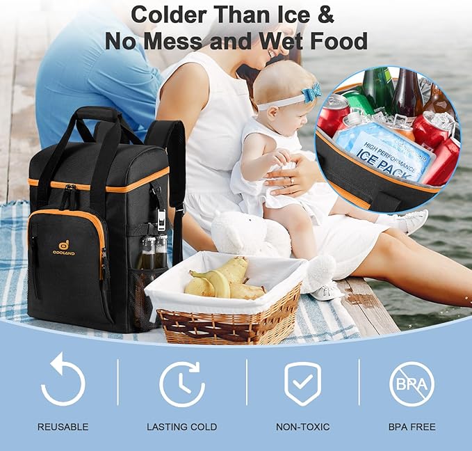 Odoland Cooler Backpack, 30 Cans Insulated Leak-Proof Cooler Bag with Ice Pack for Women and Men, Waterproof Beach Lunch Cooler