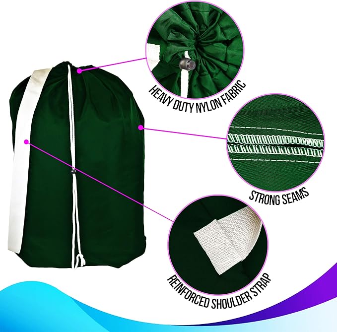 American Laundry Bags | Backpack with Shoulder Strap 2 piece set | Heavy Duty Clothes Holder | Travel Hamper for College Dorm | Portable Wash Bag | Green color | 30" x 40" size | Made in the USA