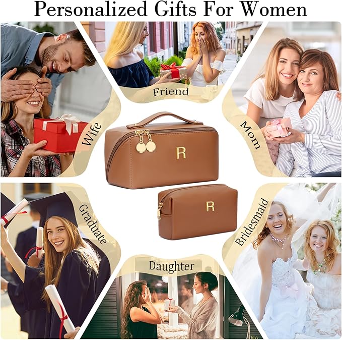Birthday Gifts for Women Teen Girl, Personalized Initial Makeup Organizer Bag Set, Open Flat Travel Cosmetic Bag With Clear Divider and Handle(Brown,R)