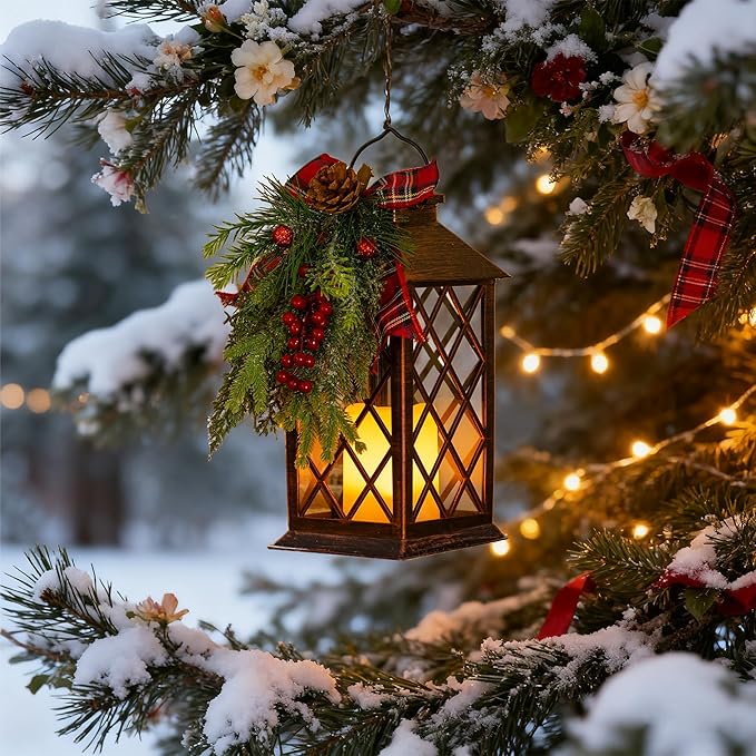 Christmas Solar Lanterns Outdoor, Waterproof Garden Hanging Lanterns, 13" Outdoor Christmas Decorative Lantern with LED Flickering Flameless Candles, Solar Lantern for Porch Yard Patio Decor