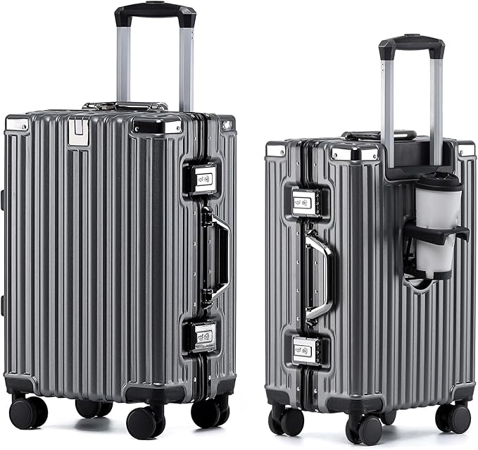 HotWay 24 Inch Aluminum Frame Luggage with Spinner Wheels, PC Hard Shell Suitcase with Cup Holder, Zipperless Luggage for Business Travel, Gray