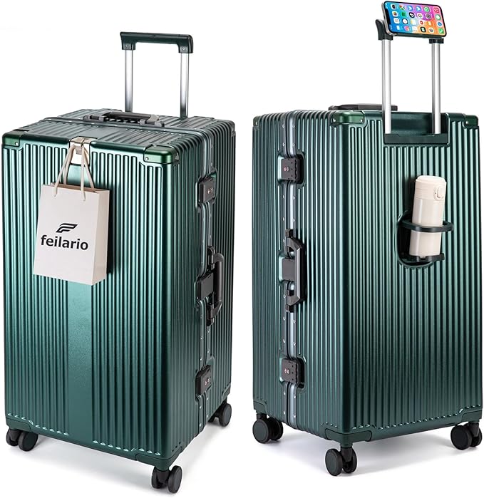 feilario 30in Super Large Captain Aluminum Frame Hardside Spinner Wheels Luggage, Removable Wheels Zipperless Checked Suitcase with Cup Holder/Phone Holder