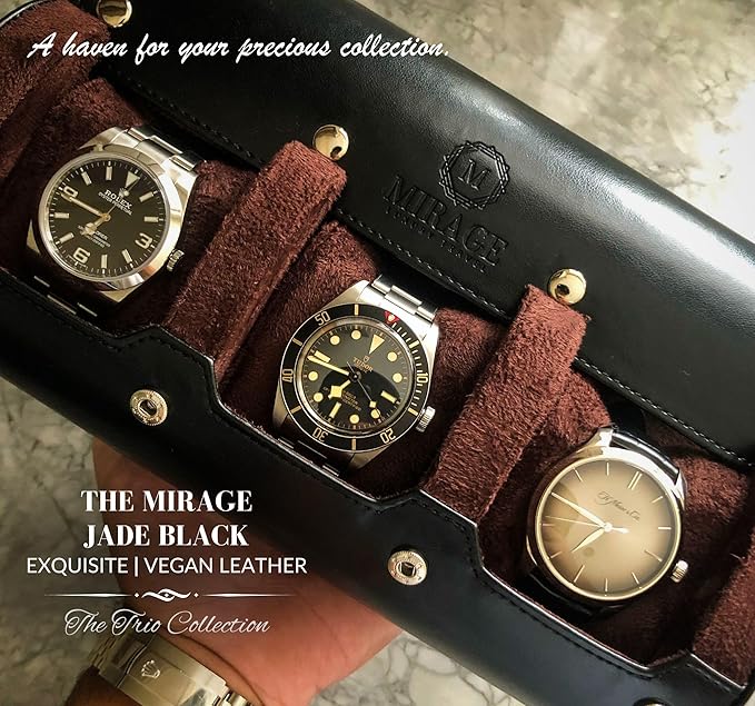 Watch Roll Case Organizer - Watch Travel Case for Men and Women - 3 Watch Carrying Case and Display - Jade Black with Mahogany Brown Interior Vegan Leather