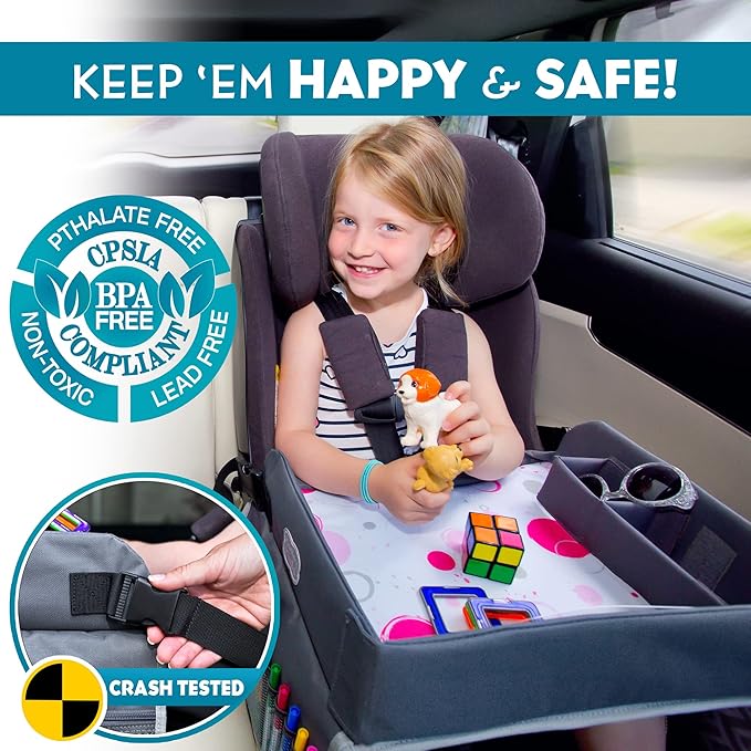 Kenley Kids Travel Tray, Toddler Car Seat Lap Tray, Road Trip Essentials Activity Table (Pink/Gray)