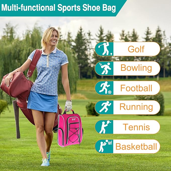Wolt Golf Shoe Bag - Sports & Travel Shoes Carrier Bags with Ventilation & Double Outside Accessory Pocket for Socks, Tees, Golf Balls, etc. for women and men (Pink)
