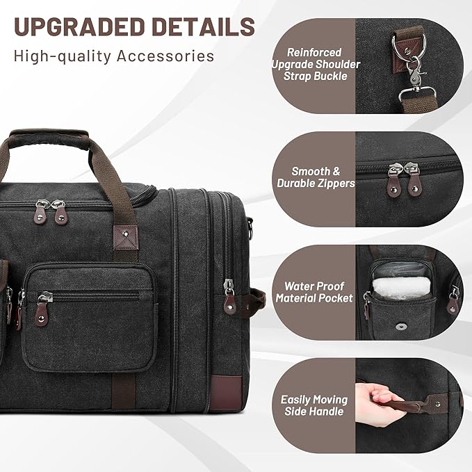 Travel Duffle Bag for Men, Heavy Duty Canvas Duffle Bag, Carryon Bags for Airplanes, Expandable Vintage Leather Overnight Luggage Weekender Bag, Waterproof Anti-tear Canvas Bag
