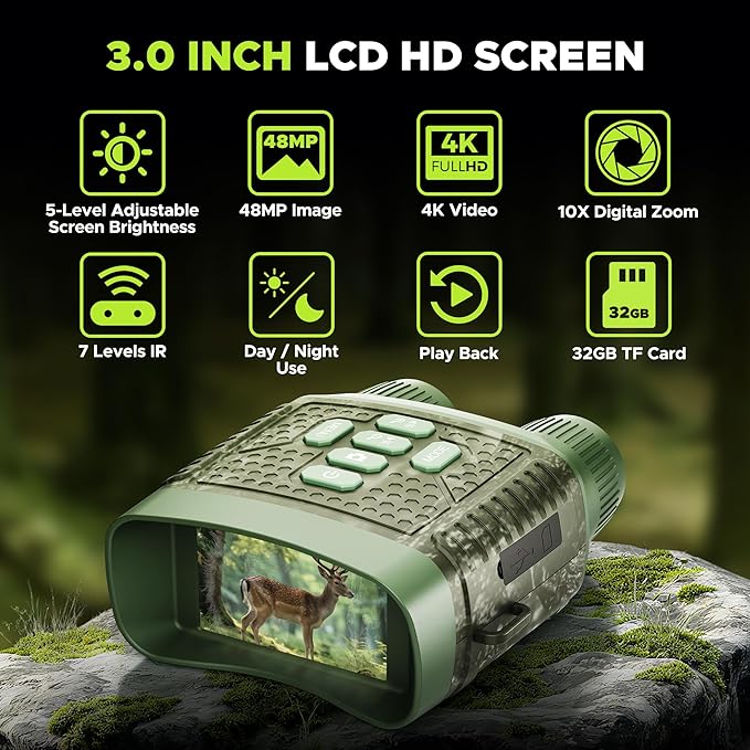 Night Vision Goggles, 4K Night Vision Binoculars, 3'' HD Screen & 10X Digital Zoom, 5000mAh Battery and 32GB TF Card, 1500FT Viewing Range for Camping & Security