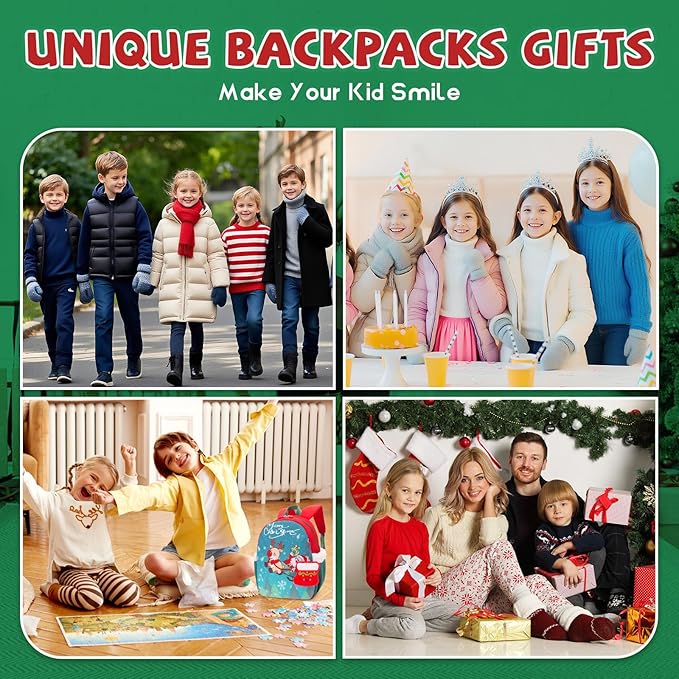 SUN EIGHT Kids Christmas Backpack – Glow in the Dark Santa & Reindeer Design, Lightweight Waterproof School Bag with Plush Stocking Charm & Gift Bag – Perfect Holiday Present for Boys and Girls