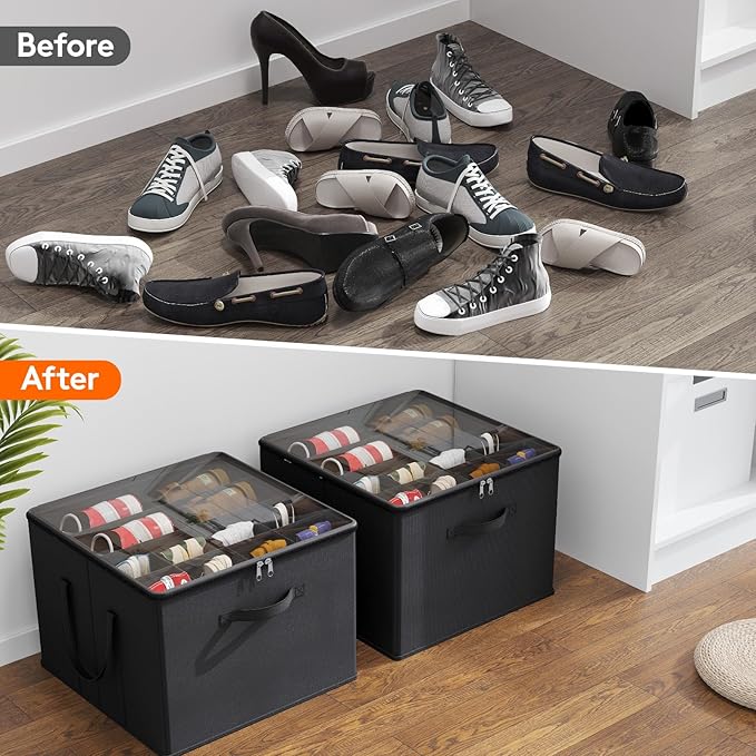 Lifewit Shoe Storage Organizer for Closet, Fits 12-16 Pairs, Large Shoe Box Storage Containers with Clear Cover and Reinforced Handles, Foldable Storage Bins Fit for Boots Heels Sneakers, 3 Pack Black