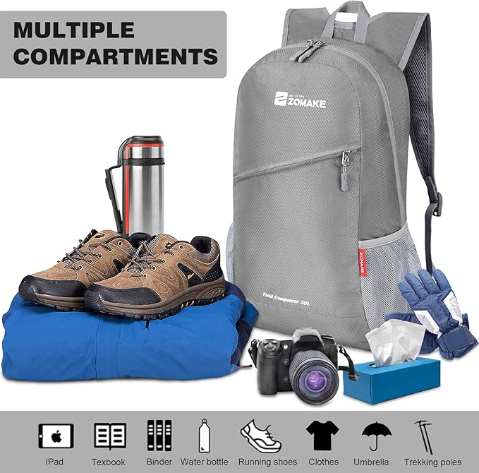 ZOMAKE Lightweight Packable Backpack 20L, Foldable Backpacks Small Daypack for Hiking Water Resistant Day Bag for Travel