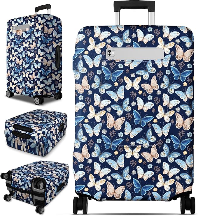 Slohif Luggage Cover for Suitcase Tsa Approved Protector - Luggage Sleeve Large Suit Case Cover Travel Stretch Baggage Case Protective Washable Fit 24-27 Inch Blue Butterfly M