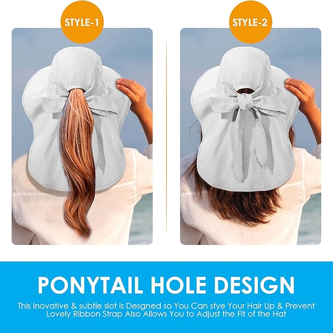 Womens Sun Hat UV Protection, Foldable Waterproof Wide Brim Bucket Hats with Neck Flap for Summer Beach Fishing Hiking