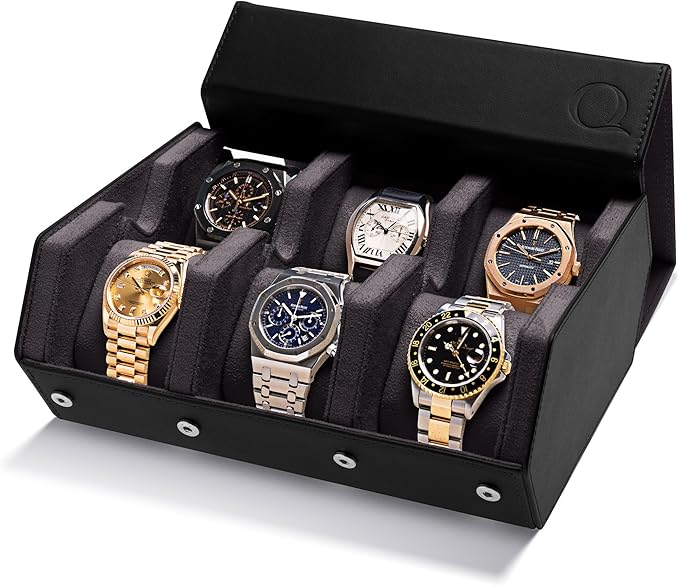 Napa Leather Watch Case for Men - Watch Roll Storage Organizer & Watch Display - Six Slot Luxury Watch Box for Home or Travel - Mens 6 Watch Holder Case (Black Charcoal)