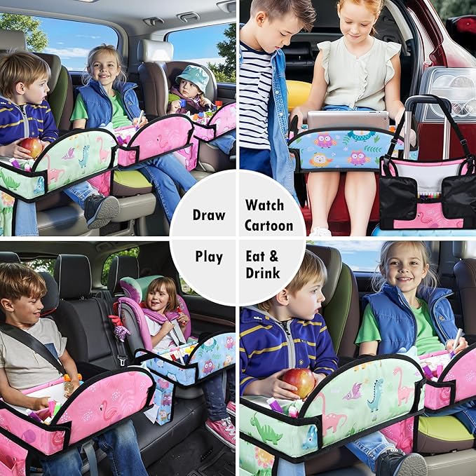 Kids Travel Tray, 3PCS Car Seat Tray for kids Travel, Toddler Road Trip Essentials With Drawing Kit, Toddler Lap Desk Organizer for Car, Carseat Table for Airplane
