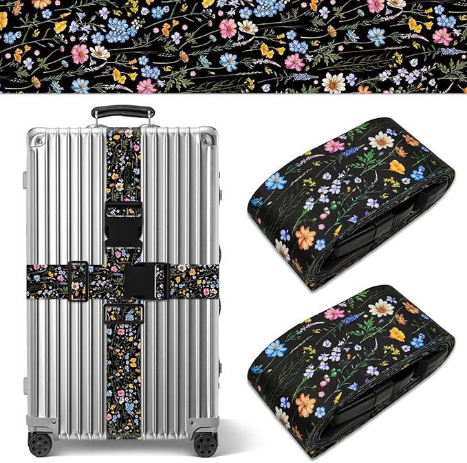 2 Pack Wildflower Luggage Straps for Suitcases Adjustable Travel Belt Luggage Tie Carry On Bag Suitcase Strap to Keep Suitcase Secure While Traveling