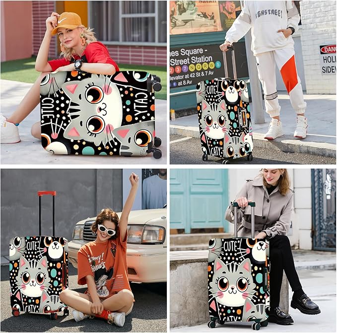 ANNA QUEEN Cute Cat Luggage Cover, Kawaii Cartoon Kitty Suitcase Protector with Colorful Polka Dot Design, Stretchable, Washable Travel Cover for 32-34 Inch Luggage