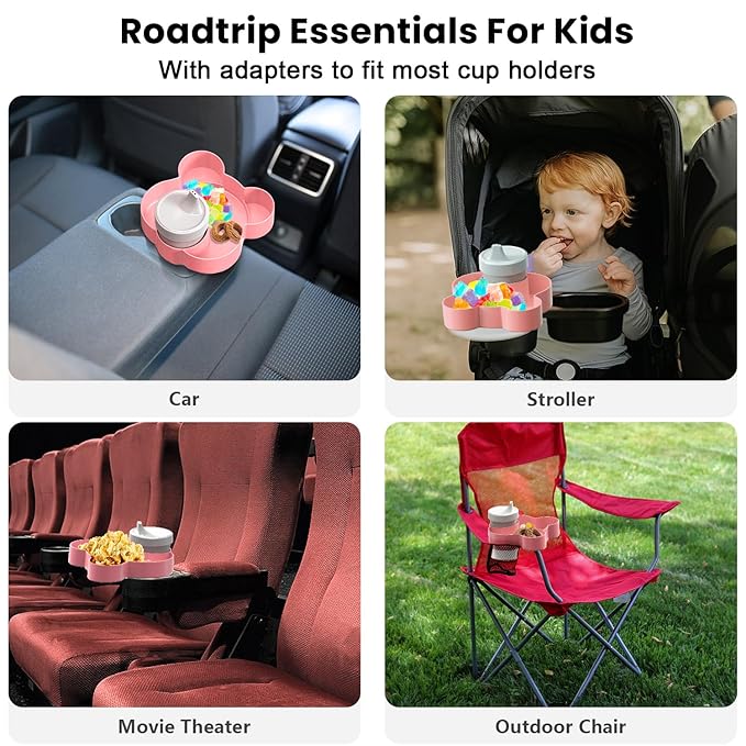 BlueOrigin Car Seat Snack Tray - Travel Tray for Kids Car Seat, Stroller, Booster and Anywhere with a Cup Holder, Toddler Road Trip Essentials Food Plate for Snacks, Toys, Entertainment (Pink)