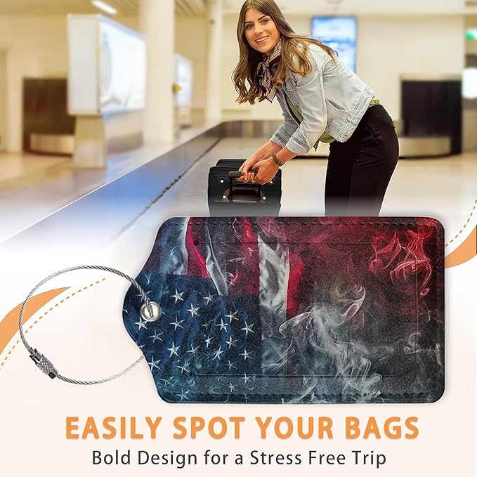 Vintage American Flag 3 Pack Luggage Tags for Suitcases, Smoky US Flag Art PU Leather Luggage Tag for Travel, Bag Tags with Privacy Name ID Card and Steel Loop for Women Men