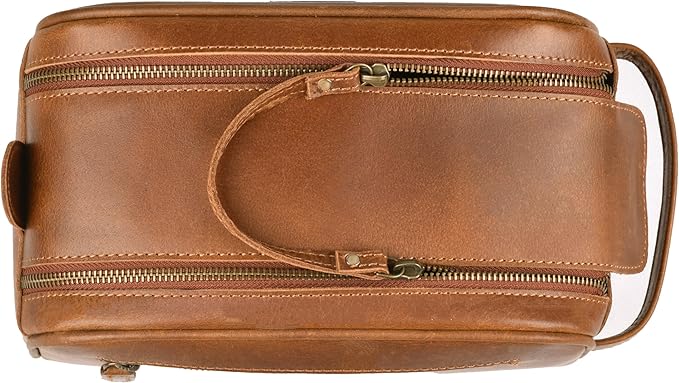 LEATHER VILLAGE Premium Leather Toiletry Travel Pouch With Waterproof Lining - Sun Tan | King-Size Handcrafted Vintage Dopp Kit Bag