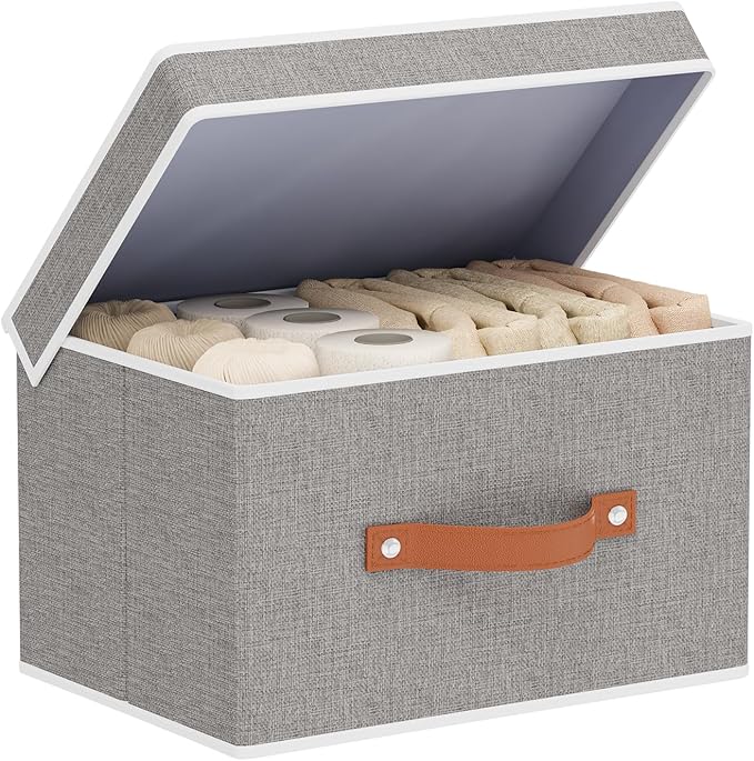 Fabric Storage Bins with Lids, Linen Foldable Clothes Boxes, Closet Organizer Containers with Double Handles, Baskets for Bedroom, Grey, 1 Pack, 13 x 9.1 x 7.9 Inch