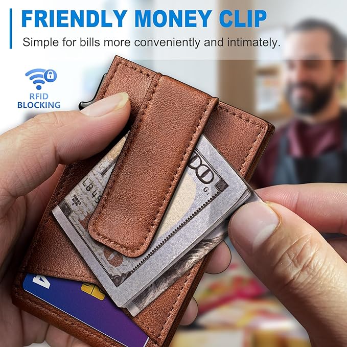 Airtag Wallet for Men,with Money Clip Gift Boxed,Slim Front Pocket Wallet RFID Blocking Metal Case Smart Pop-up Credit Card Holder in Magnetic Leather Flip