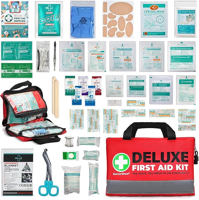 380 Pieces Deluxe First Aid Kit Compact Trauma Medical Kits with Assorted Bandages, Instant Cold Pack, Emergency Blanket for Home, Travel, Camping, Vehicle, Emergency Kits(Red)