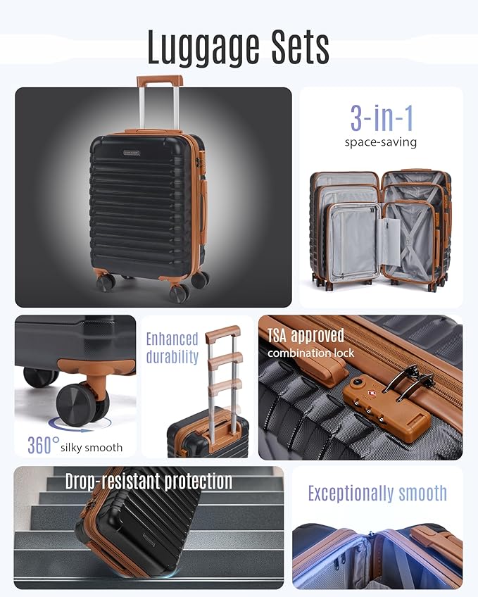 LIGHT FLIGHT Luggage Sets, 3 Piece Durable Suitcase Set with Spinner Wheels, 3 Pcs Hardside Lightweight luggage with TSA Lock, Large Checked Travel Suitcases, 20/24/28 Inch,Black/Brown