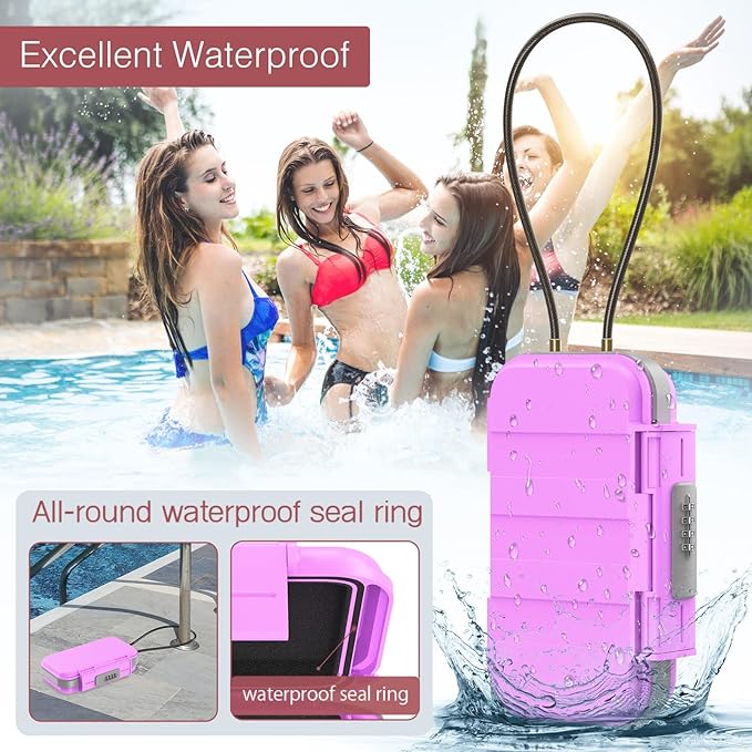 LOFICOPER Portable Safe Box, Travel Safe Lock Box, Waterproof Beach Lock Box, Personal Security Case, with Combination Code, Detachable Steel Rope, for Travel, Beach, Hotel, Home, Office, Pink