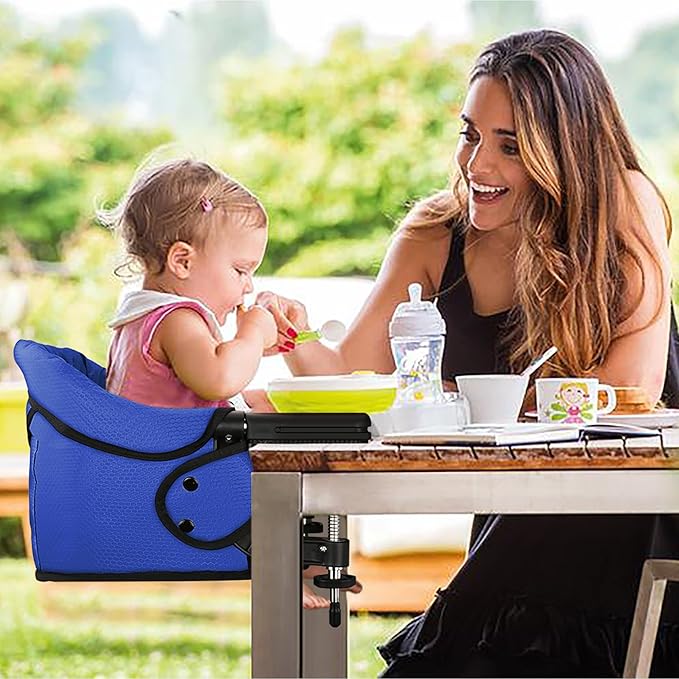 Hook On Chair with Removable Dining Tray, Portable Table High Chair, Folding Compact Baby Seat with Storage Bag for Indoor/Outdoor(Bright Blue)