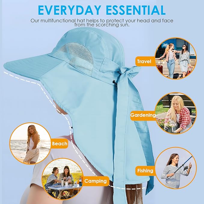 Womens Sun Hat UV Protection, Foldable Waterproof Wide Brim Bucket Hats with Neck Flap for Summer Beach Fishing Hiking
