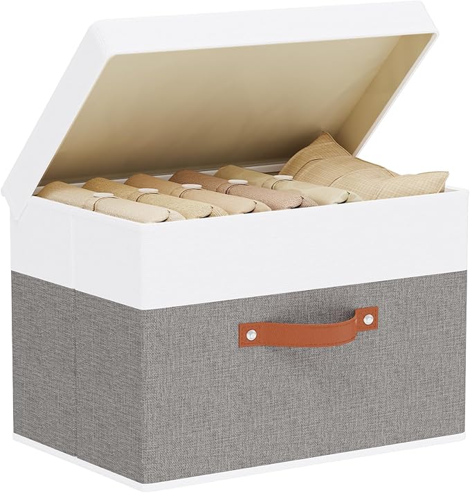Fabric Storage Boxes with Lids, Linen Foldable Cloth Baskets, 17.7 x 11.8 x 11.8 Inch Closet Organizer Containers with Double Handles, Sweater Bins for Bedroom, White and Grey, 1 Pack