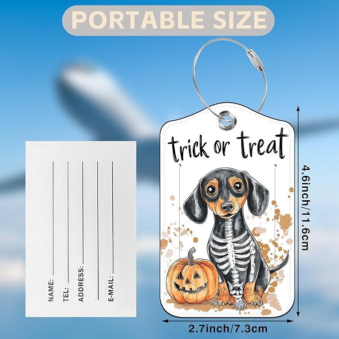 Halloween Funny Dachshund Dog and Pumpkin Set of 2 Luggage Tags for Suitcases Leather Suitcase Tags with Privacy Name Address Label and Stainless Steel Loop for Women Men Travel Luggage Accessories