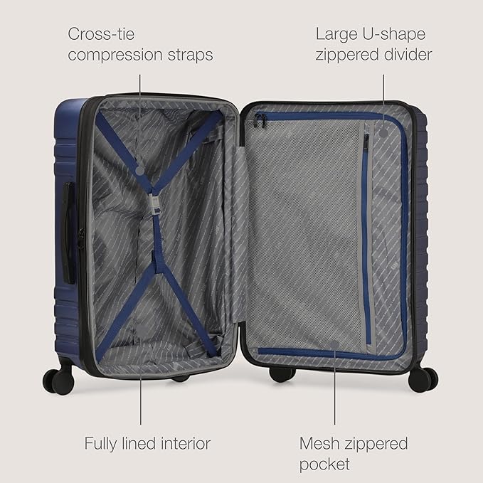 U.S. Traveler Boren Polycarbonate Hardside Rugged Travel Suitcase Luggage with 8 Spinner Wheels, Aluminum Handle, Navy, Carry-on 22-Inch, USB Port