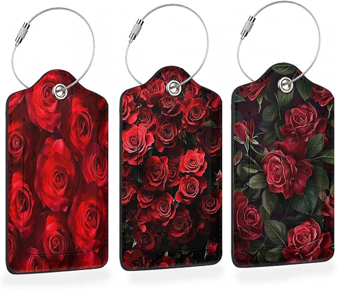 Romantic Elegant Red Roses PU Leather Luggage Tags for Suitcase, Travel Cruise 3 Pack with Privacy Flap, Name ID Label and Metal Loop for Women Men Girls Baggage Bag Backpack