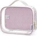 Narwey TSA Approved Clear Toiletry Bag for Travel, Waterproof PVC Clear Makeup Bags, Portable Compact Cosmetic Bag Make Up Organizer, Airport Airline Quart Size Compliant Bag (Dusty Pink Stripe)