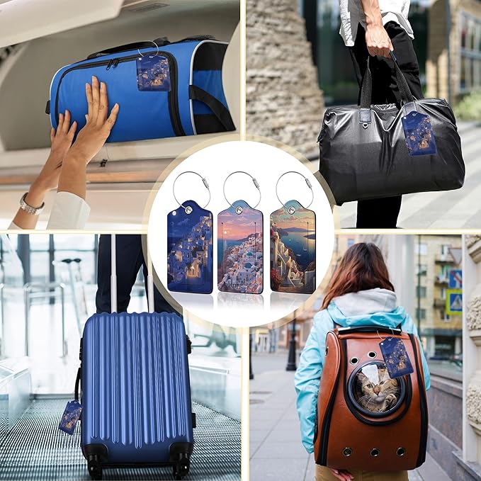 Santorini Sunset Landscape Luggage Tag for Suitcase,Design with Privacy Flap Name ID Label Metal Loop, 3 Pack