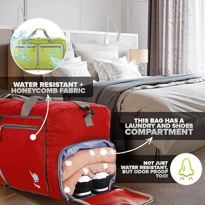 Bago Large Foldable Duffel Bags for Traveling Women & Men - 100L Packable Duffle Bag for Travel with Shoe Compartment - Water Repellant, Heavy Duty, Lightweight Folding & Collapsible (Red)