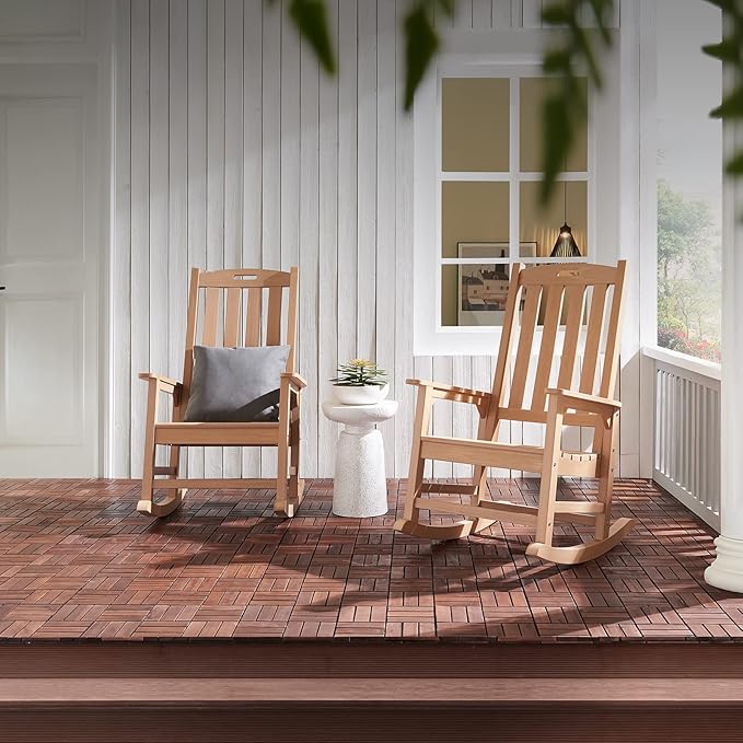 Psilvam Oversized Outdoor Rocking Chair Set of 2, Porch Rocker with 21" Wide Seat and 32" Tall Backrest, Pre-Assembled with Most Components for Effortless Installation (Teak Color)