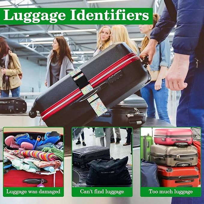 Luggage Straps for Suitcases TSA Approved, Luggage Identifiers for Suitcase, Adjustable Suitcase Strap for Baggage Security with Cute Patten, Travel Necessary Accessories (Travel Stamps)