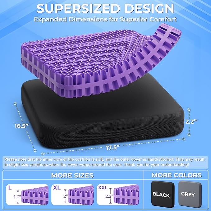 TushGuard Gel Seat Cushion for Long Sitting, Enlarged & Thickened Patent Design Office Chair Seat Cushion, Breathable Cooling Pads for Chairs, Soft Car Cushions for Wheelchair(XX-Large, Black)